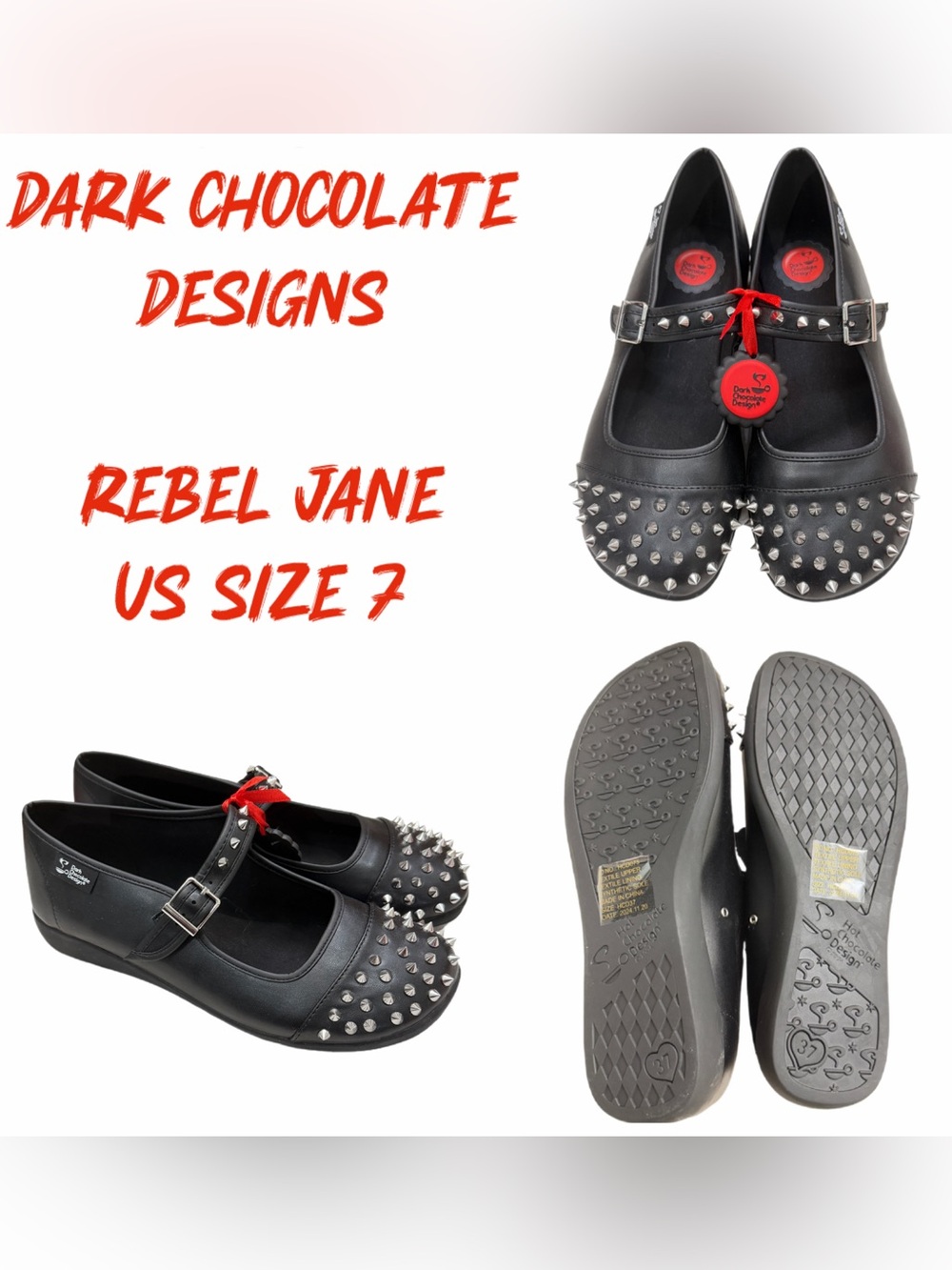 Rebel Jane Black Studded Mary Jane Flats by Dark Chocolate Designs